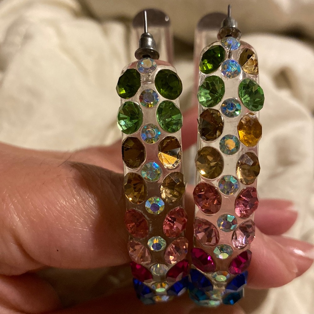 Beautiful large clear hoops with multi color rhinestones